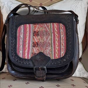 Vintage Handcrafted Leather and Textile Crossbody Bag.